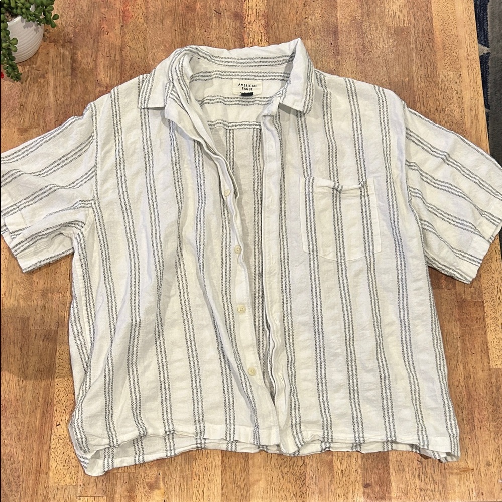 American Eagle Outfitters White Grey Striped Linen Cabana Button Down Shirt
